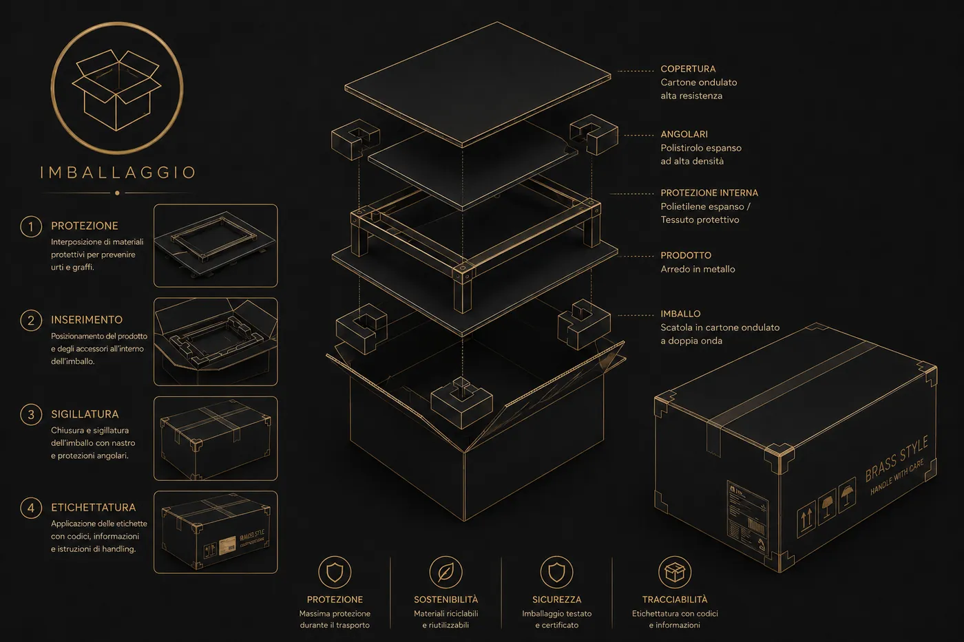 Illustrazione della fase di imballaggio: linee oro su fondo nero